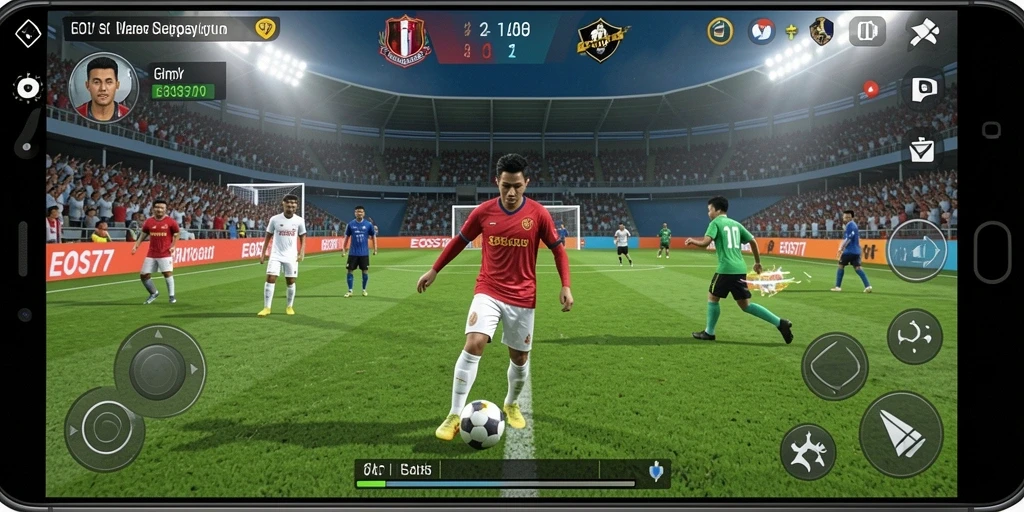 Screenshot gameplay EOS77 menunjukkan aksi seru di lapangan sepak bola.