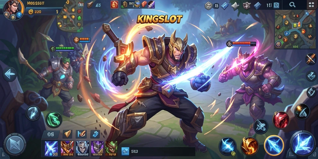 Screenshot utama KINGSLOT menampilkan pertarungan seru dalam gameplay MOBA.