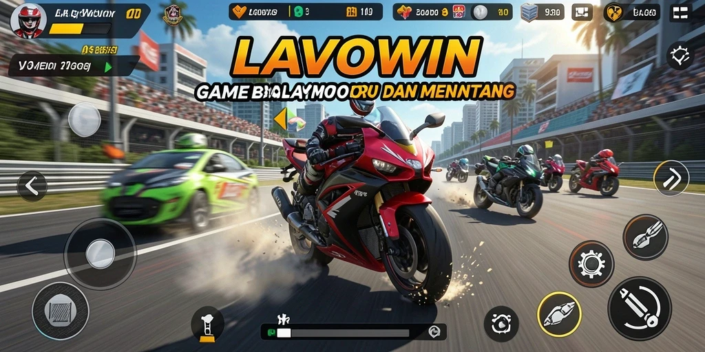 Gameplay LAVOWIN menunjukkan balapan seru di trek dengan motor berkecepatan tinggi.