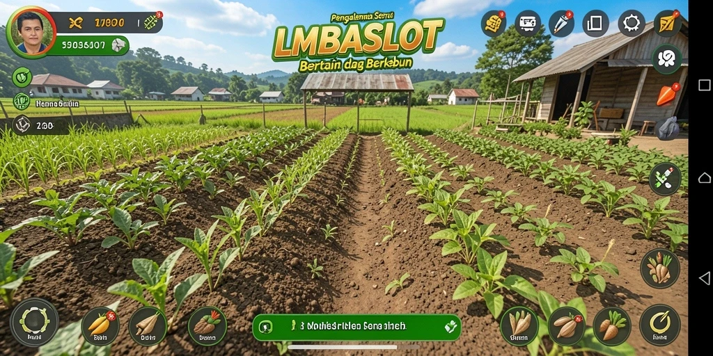 Screenshot gameplay LMBASLOT menampilkan ladang yang hijau dan subur.