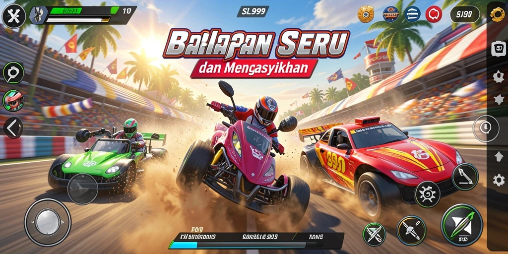 Screenshot menampilkan aksi balapan seru di SL999 dengan mobil yang berkecepatan tinggi.